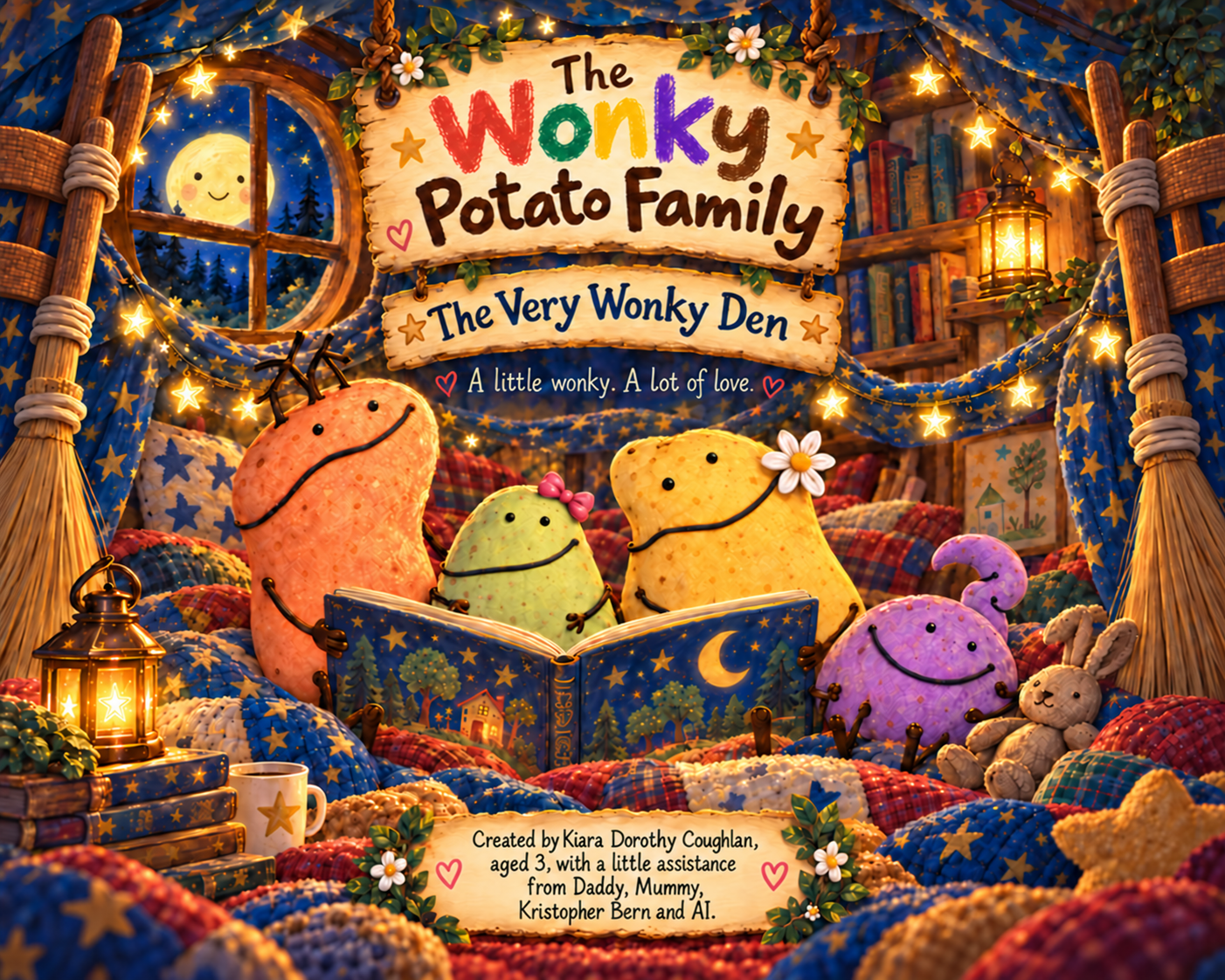 The approved cover of The Very Wonky Den, showing the Wonky Potato Family reading together in their starry den.